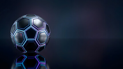 Fototapeta premium Soccer ball with futuristic neon glowing lines, black metallic texture on a dark reflective surface.