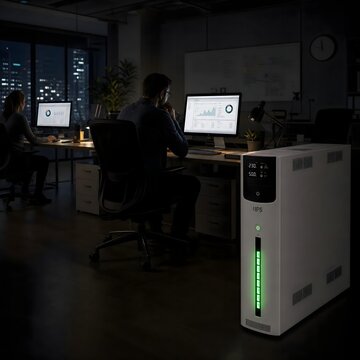 Dark office scene with desktop computers and backup power supply running