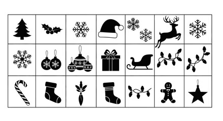 Christmas icons set including tree hat reindeer ornaments gifts and festive symbols in black and white © Pabitra