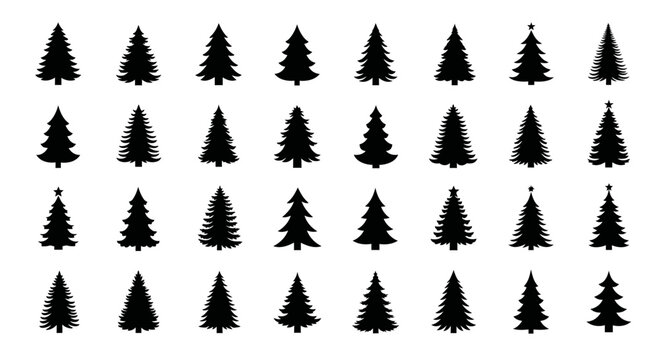 Collection of various christmas tree silhouettes on white background