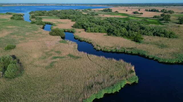 High angle panoramic flyover of the Danube Delta UNESCO biosphere reserve in Romania. Scenic wild landscape with colorful reed vegetation, natural lakes, and winding water channels.