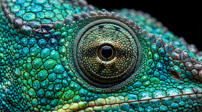 Extreme close-up macro portrait of a vibrant chameleon eye and textured skin scales, wildlife nature photography concept