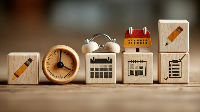 Time management concept with wooden blocks showing clock, calendar, checklist, and workflow icons, representing productivity, efficiency, task planning, and organized business operations