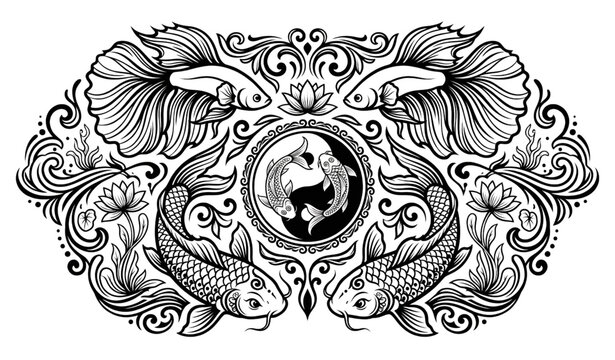 Decorative koi and betta fish silhouette tattoo style vector illustration isolated on white