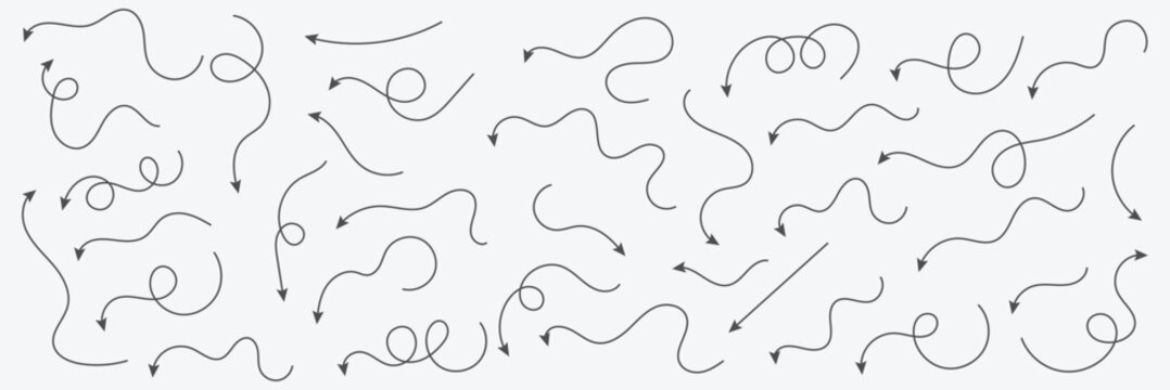 Squiggly arrows doodle set. Curve and Spiral comic symbols in sketch style. Hand drawn vector illustration isolated on white background . Vector Illustration . EPS 10 .