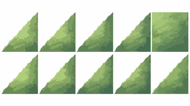 Pixel art grass tileset for game design, 10 green landscape terrain elements, retro 8-bit nature environment assets for platformers