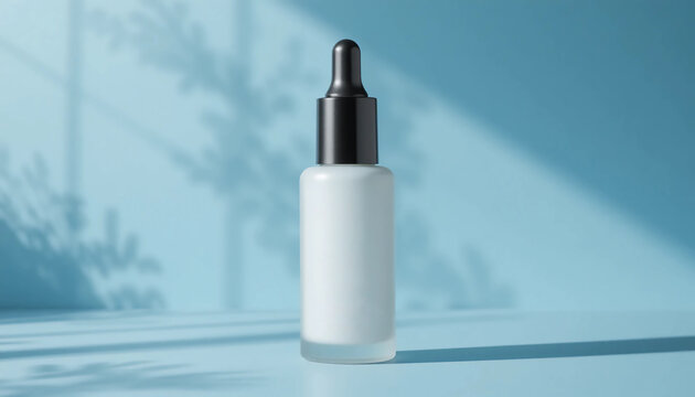 Mockup bootle beauty serum droper without front view packaging contains liquid serume droper clear and cap soft pastel black and white background blue  minimal skincare face tamplate your brand