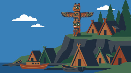 Thunderbird Totem Spread Wings Over Pacific Northwest Village © Bima