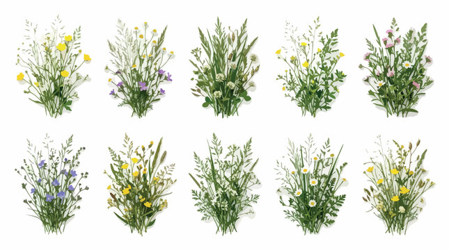 Wildflower bouquets collection with 10 floral vector elements, rustic meadow flower arrangements, botanical garden herb bundles for wedding invitations
