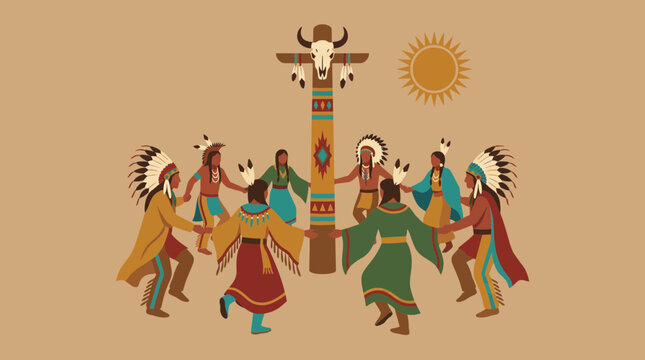 Sun Dance Ritual Participants Beneath Ceremonial Pole
