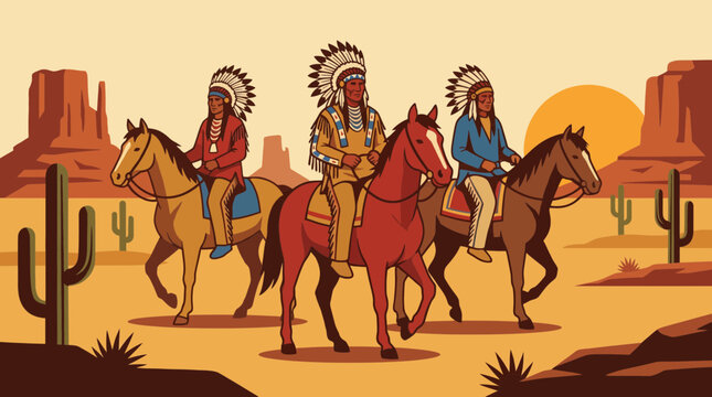 Comanche Warriors on Horseback Crossing Desert Landscape