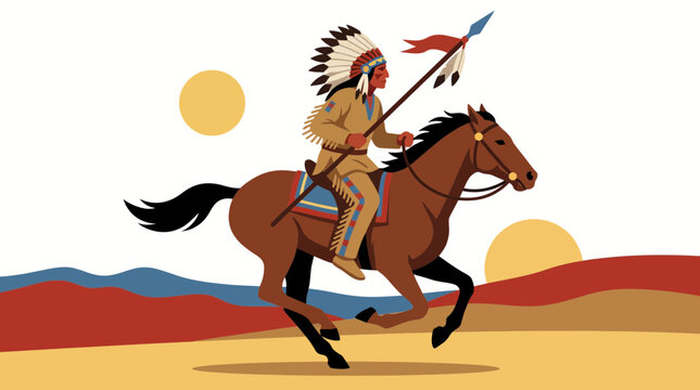 Plains Indian Warrior with Lance Riding at Full Gallop