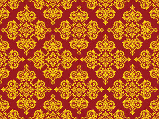 Fototapeta premium Luxury gold damask vector seamless pattern on a red background. Elegant baroque ornament featuring diamond-shaped layouts with detailed central medallions and intricate floral scrolls. 