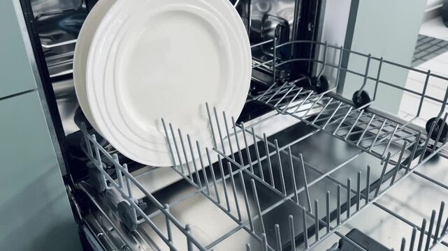 Dishwasher upper rack displaying stacked ceramic plates with sleek silverware compartments and clean interior