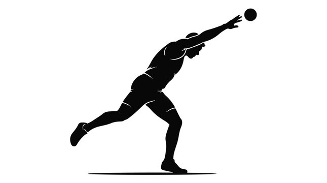 Athletic man throwing ball in dynamic motion, sports illustration in black silhouette on white background