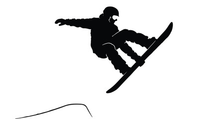 Fototapeta premium Snowboarder performing aerial stunt trick in mid air with snowboard and winter gear silhouette on white background