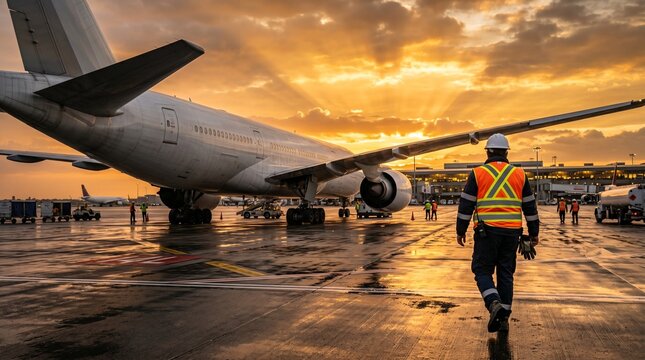 Airport Ground Staff Walking Near Airplane at Sunset
