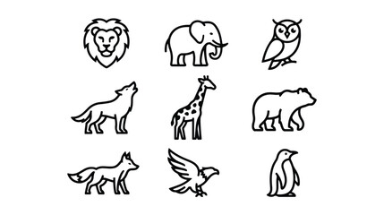 Minimalist animal line icons set, collection of 9 wild animal vector symbols, modern black outline zoo and safari wildlife illustrations © Saad