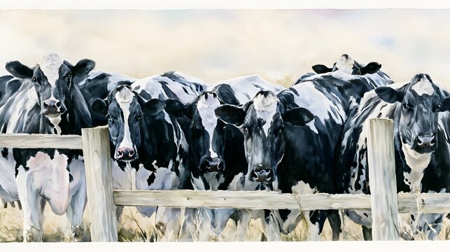 Peaceful Holstein cows graze calmly near a rustic barnyard fence under gentle skies
