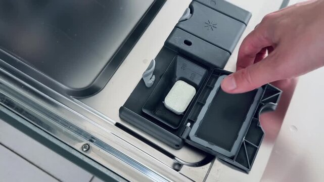 Dishwasher detergent compartment revealing silverware basket and rinse aid section for effective cleaning