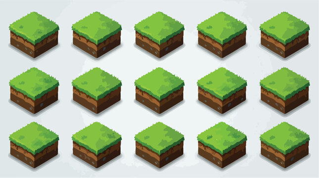 Isometric grass soil blocks set, 15 3D pixel art ground cubes for game design, green meadow land tiles for world building and map creation