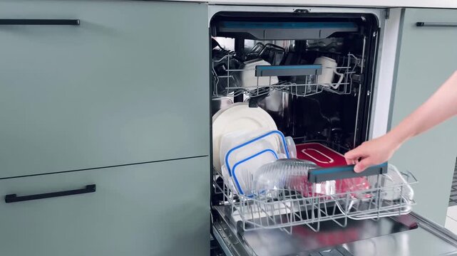 Dishwasher interior displaying upper and lower racks filled with ceramic plates and glassware