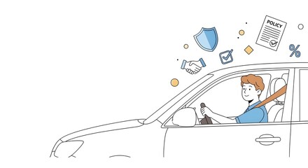 Fototapeta premium Person driving a car with online shopping and security icons floating above