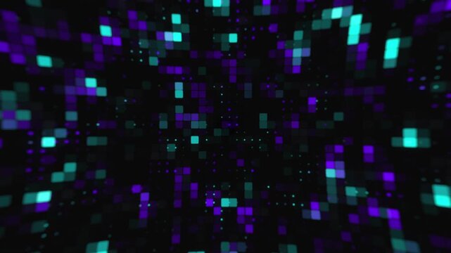 Abstract random purple and cyan neon tiles and dots animation with futuristic digital grid background, blur background, black background