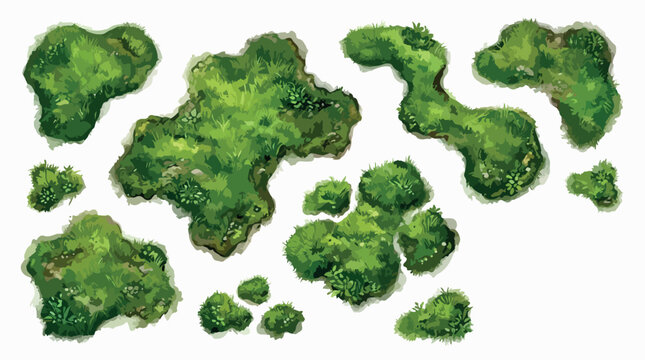 Green moss patches vector set, organic forest floor vegetation elements, realistic mossy texture clumps for landscape design and gaming