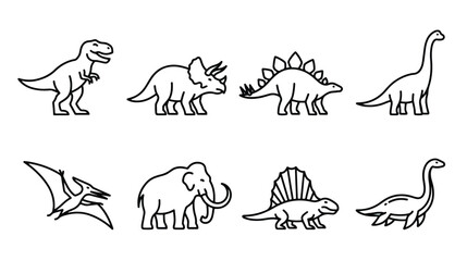 Minimalist dinosaur line icons set, prehistoric animal vector illustrations, 8 black outline dinosaur silhouettes for educational kids design © Saad