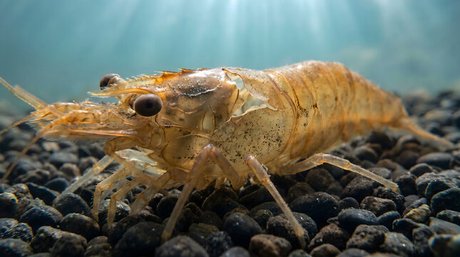 Macro of Freshwater Shrimp Molted Exoskeleton Cast on River Gravel with Empty Eye Domes