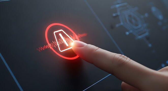 Close up of a finger touching a red warning triangle with digital sound wave patterns on a dark sleek touch screen control panel