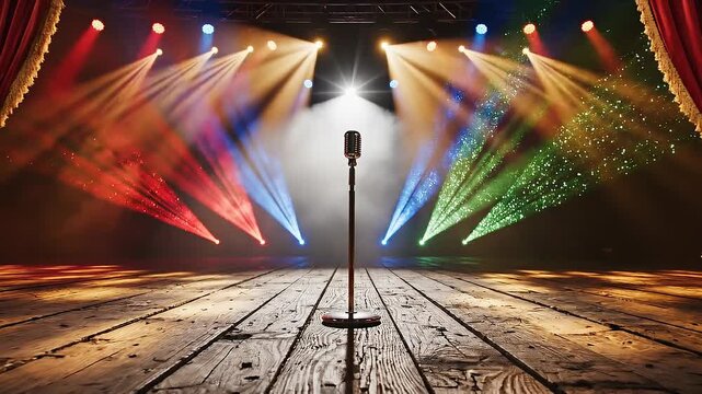 Empty wooden stage with vintage microphone and colorful spotlights in theater with red curtains