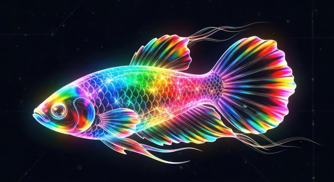 Vibrant Rainbow Neon Fish Swimming.