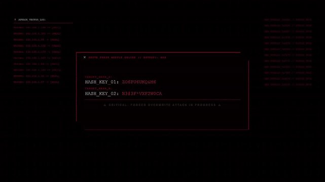 Attack Vector Log Displaying Brute Force Module Online Critical Forced Overwrite Attack In Progress Threat Data Stream Red HUD Terminal Monitor Screen.