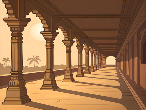 Chola temple corridor in minimal vector illustration style, repeating pillars, warm lighting