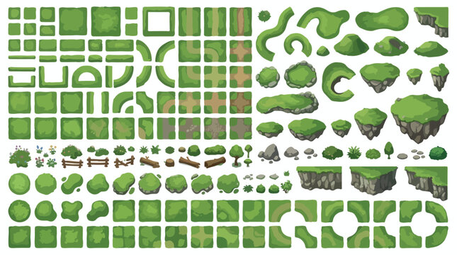 Top-down game tileset collection, isometric floating islands and green grass terrain map elements, 2D nature environment vector assets