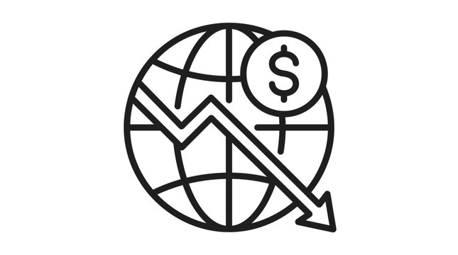 Minimalist black line art icon showing a global economic decline with a dollar sign symbol