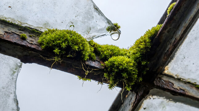 Macro of Moss Colonizing Broken Factory Skylight Frame with Rust Flakes and Raindrop