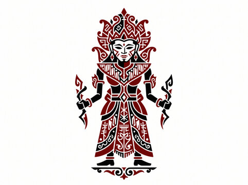 Stylized Indonesian Wayang puppet vector illustration, traditional Javanese deity graphic design in red and black