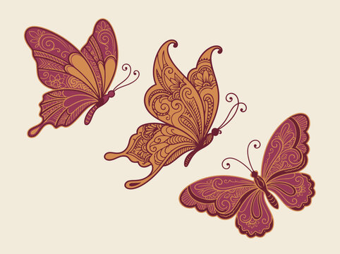 Ornate Decorative Butterflies Vector Illustration in Vintage Boho Style