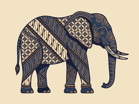 Indonesian Batik Elephant Illustration with Traditional Kawung and Parang Patterns