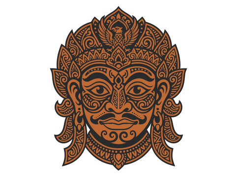 Indonesian Wayang Face Vector Illustration with Ornate Javanese Crown and Garuda Motif