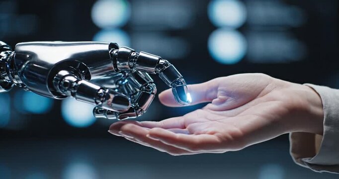 Robot hand touching human palm.