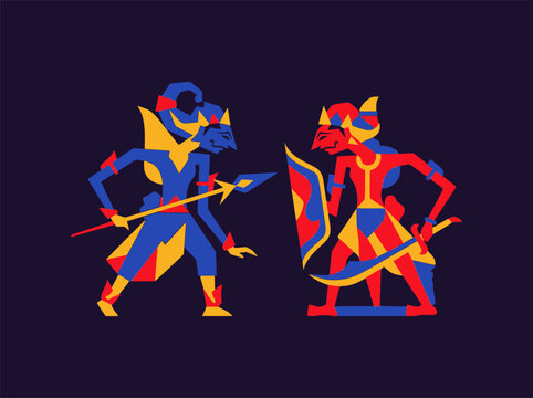 Minimalist Wayang Kulit Vector Illustration of Two Puppets in Combat