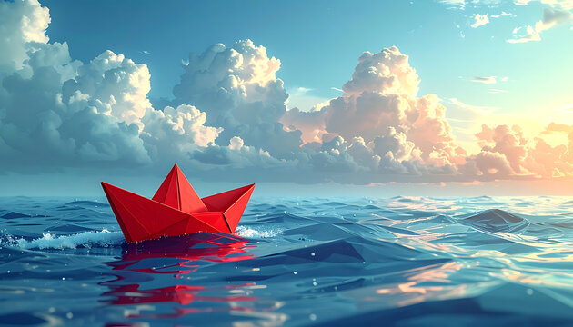 A solitary red pixelated paper boat floats on the shimmering blue ocean waves under a dramatic sky