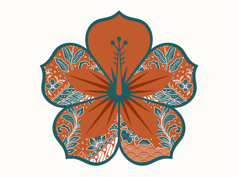 Batik Hibiscus Flower Illustration with Traditional Patterns