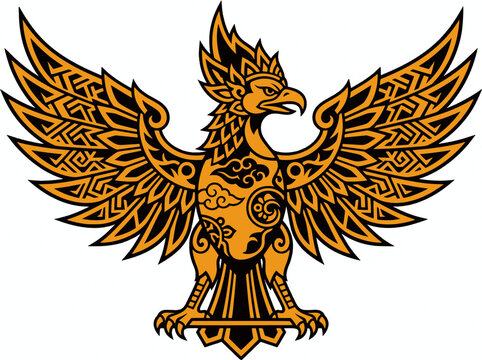 Golden Garuda Phoenix Bird Vector Illustration in Traditional Tribal Batik Style