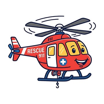 Cartoon fire rescue truck with smiling mascot design.