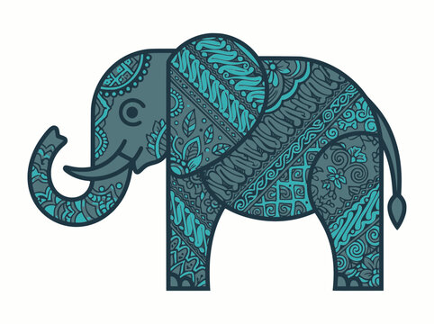 Ornate teal and grey decorated elephant vector illustration